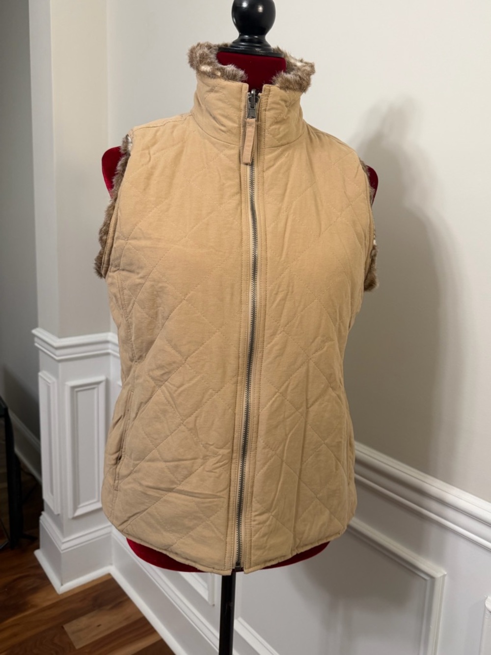 Charter Club Quilted Faux Fur Lined Vest - Tan - Women’s Size L